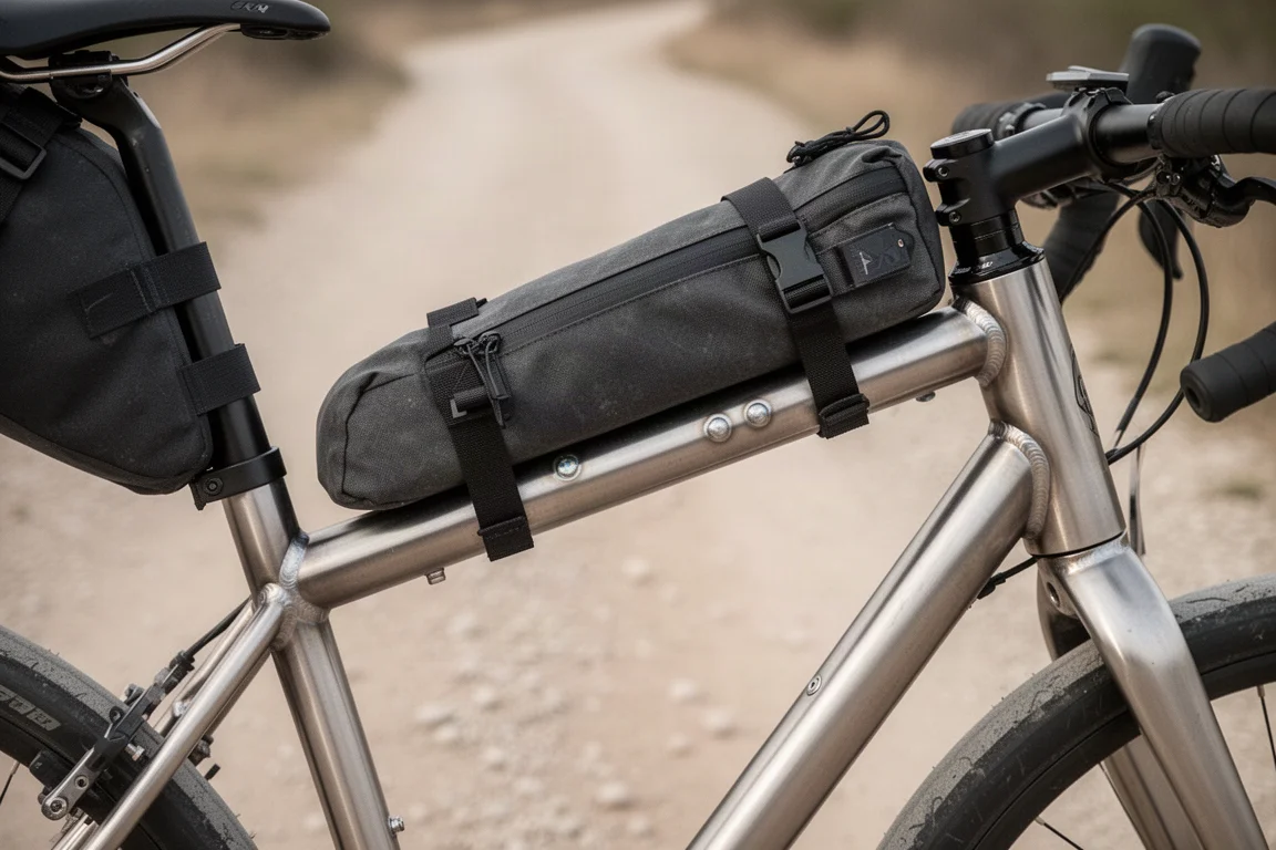 Bolsa de quadro de bikepacking presa a um quadro de bicicleta em titânio escovado