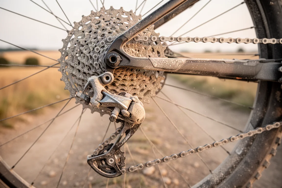 Câmbio traseiro empoeirado e cassete de ampla amplitude em uma bike de gravel após o pedal