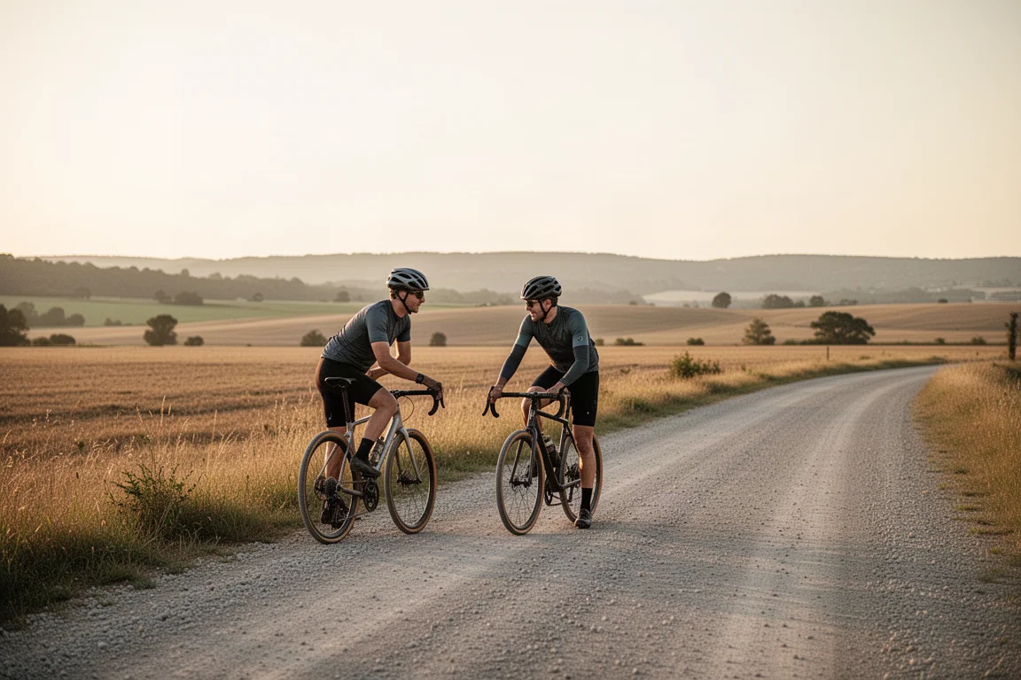 Dois ciclistas de gravel parados em uma estrada de cascalho rural sob a luz dourada do fim da tarde