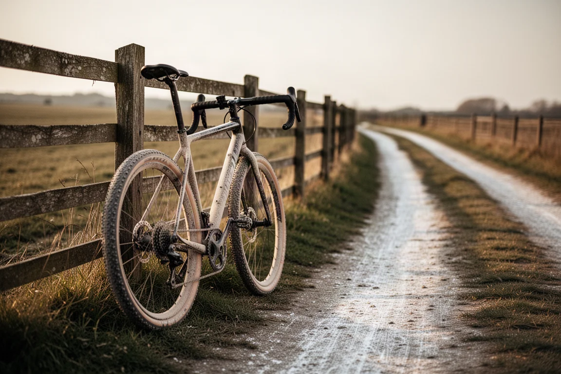 Bicicleta de gravel apoyada en una valla de madera junto a un camino rural polvoriento con luz dorada
