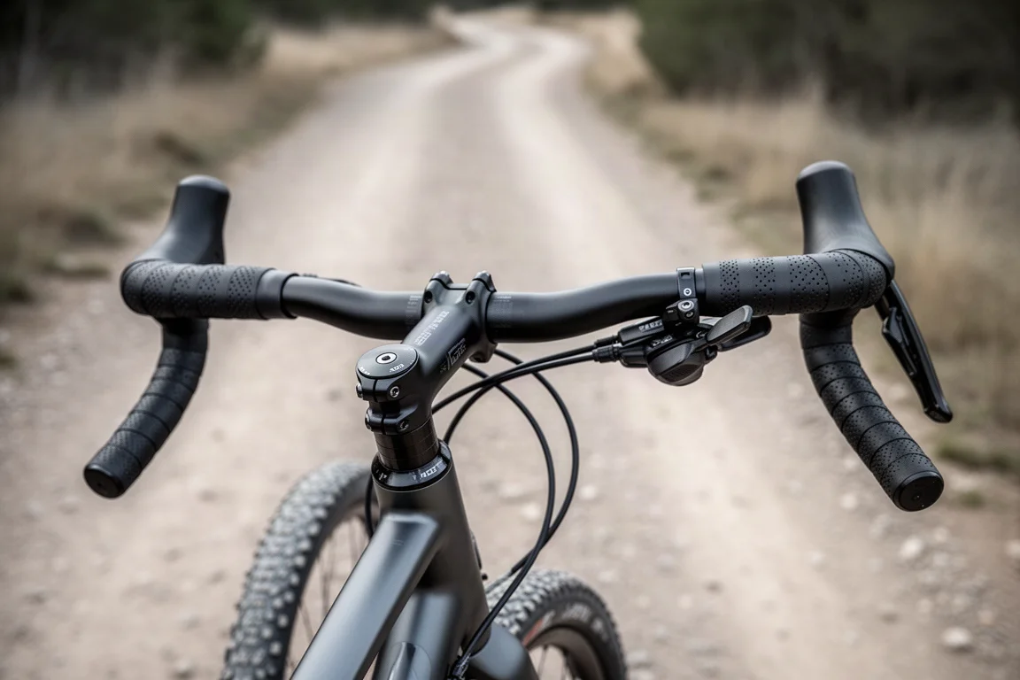 Zona de manillar de bicicleta de gravel sin cables, con manetas en negro mate y capuchones texturizados