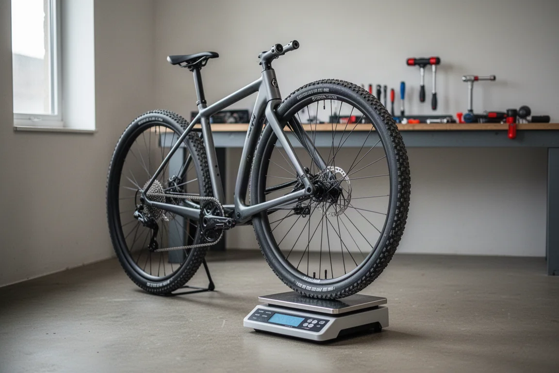 Bicicleta de gravel sobre una báscula de taller con herramientas desenfocadas en un banco detrás