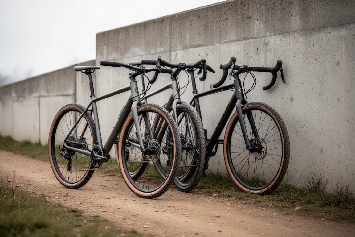 Dos bicicletas de gravel aparcadas una al lado de la otra contra una pared de hormigón en un sendero de tierra