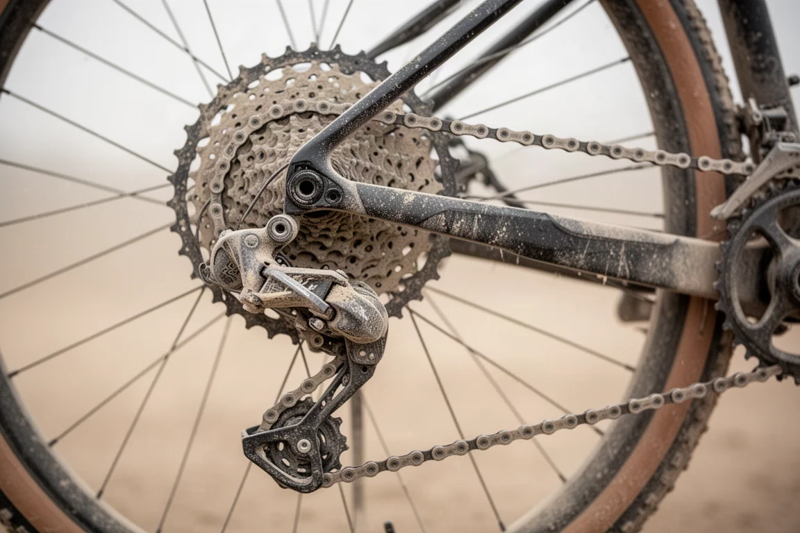 Schaltwerk und Kassette an einem staubtrockenen Gravelbike
