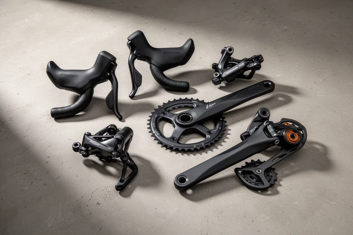 Gravel bike groupset components including shifters, crankset, caliper and rear derailleur on concrete