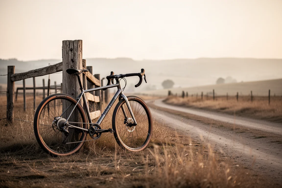 Gravel bike leaning on a fence post on a rural dirt road at golden hour