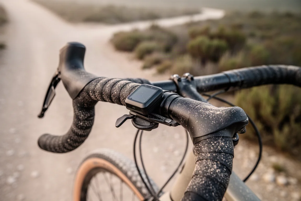 Dust-covered gravel bike handlebar with a compact electronic shift lever