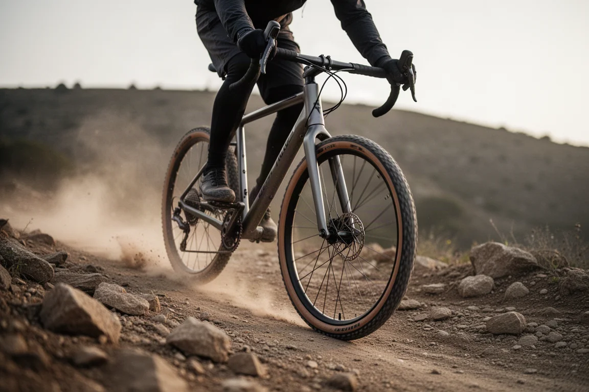 Gravel bike descending a loose rocky corner with dust rising behind