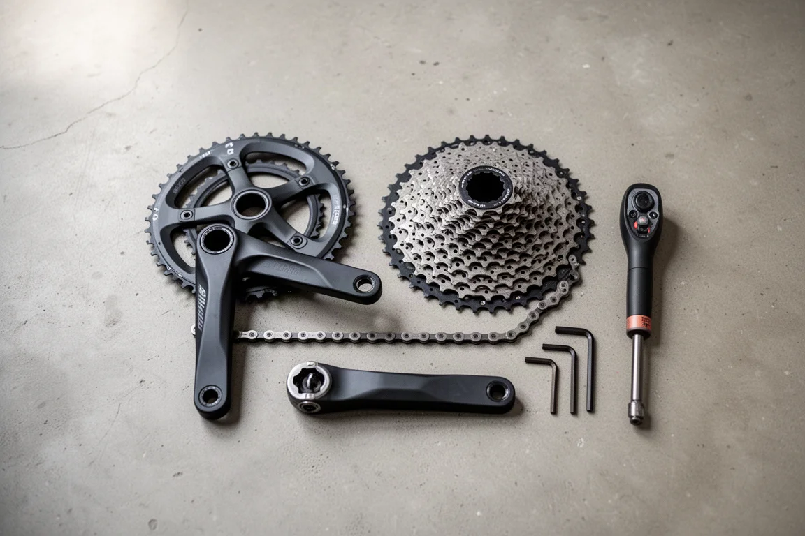 Overhead flat-lay of gravel bike components and tools on a concrete floor