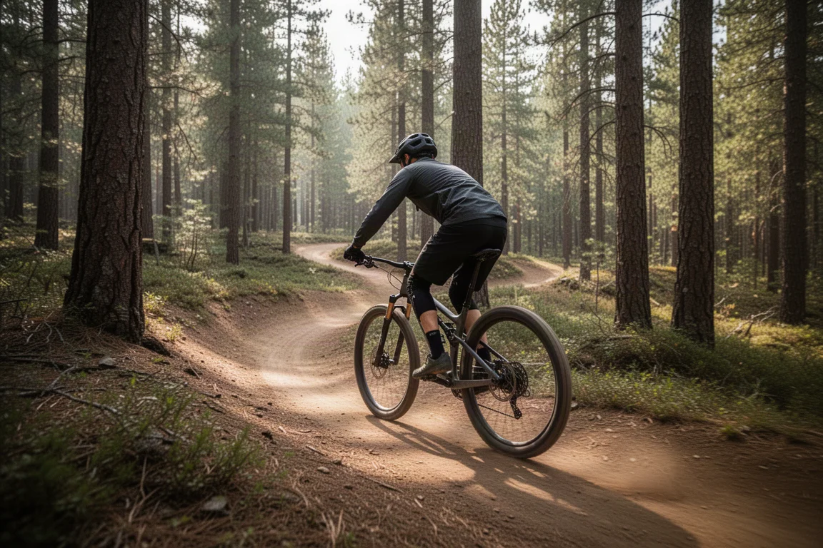 E-mountain biker climbing a forest trail in soft daylight, seen from behind