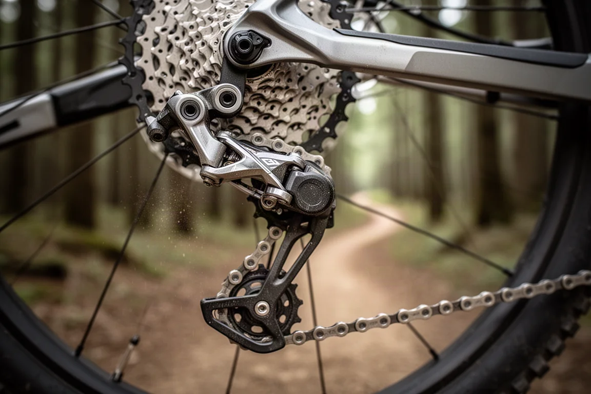 Rear derailleur and cassette of a mountain bike mid shift on a trail