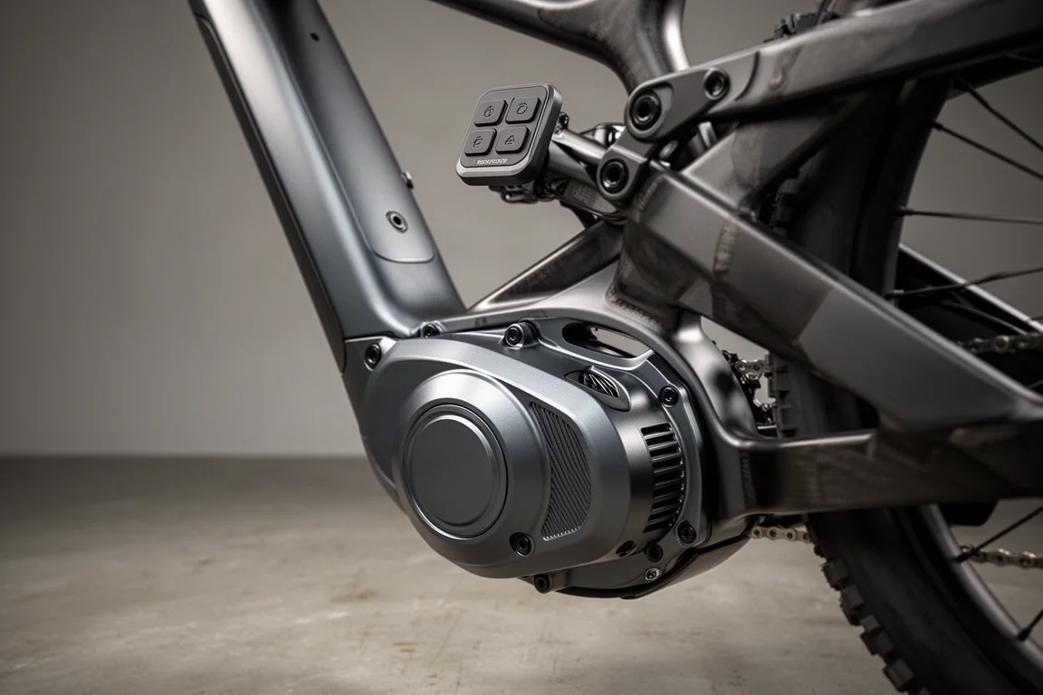 E-bike drive unit mounted at the bottom bracket of a full-suspension mountain bike in a studio