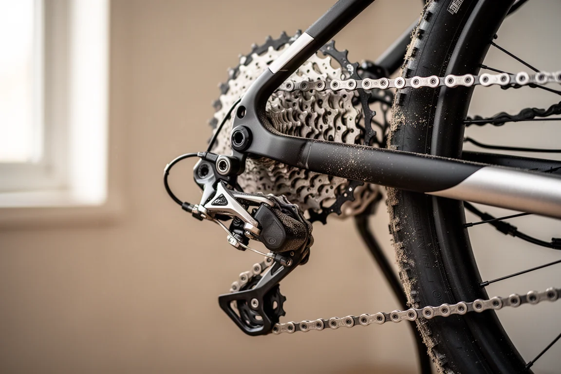 Nahaufnahme eines Schaltwerks und einer Kassette mit großer Bandbreite an einem Gravelbike