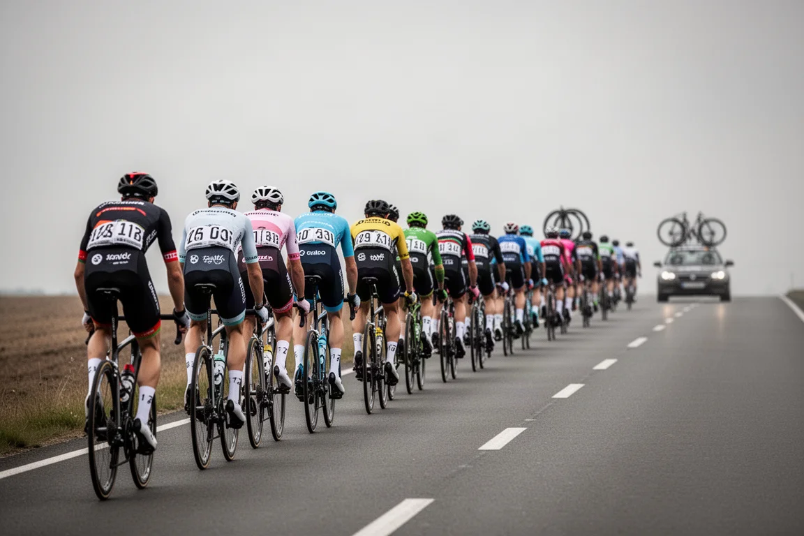 Profi-Radsport-Peloton, das sich auf einer weiten, offenen Straße auseinanderzieht