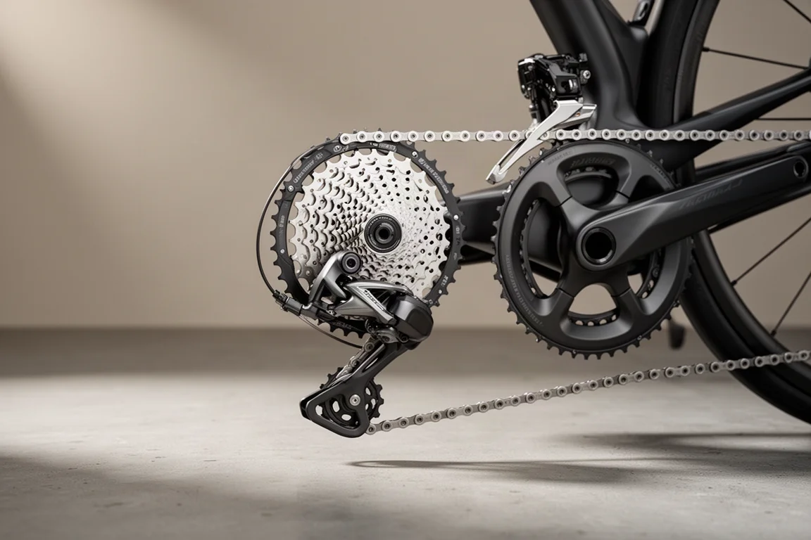 Single chainring, rear derailleur and wide-range cassette on a concrete surface