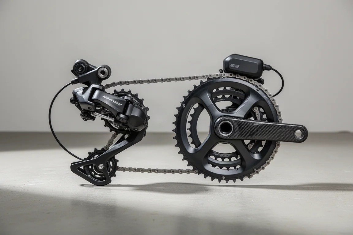 Mechanische en elektronische achterderailleurs voor racefietsen met enkele kettingbladen op beton