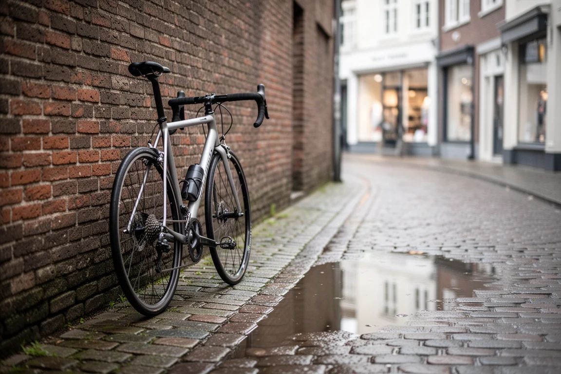 Racercykel lutad mot en tegelvägg intill en regnvåt kullerstensgata