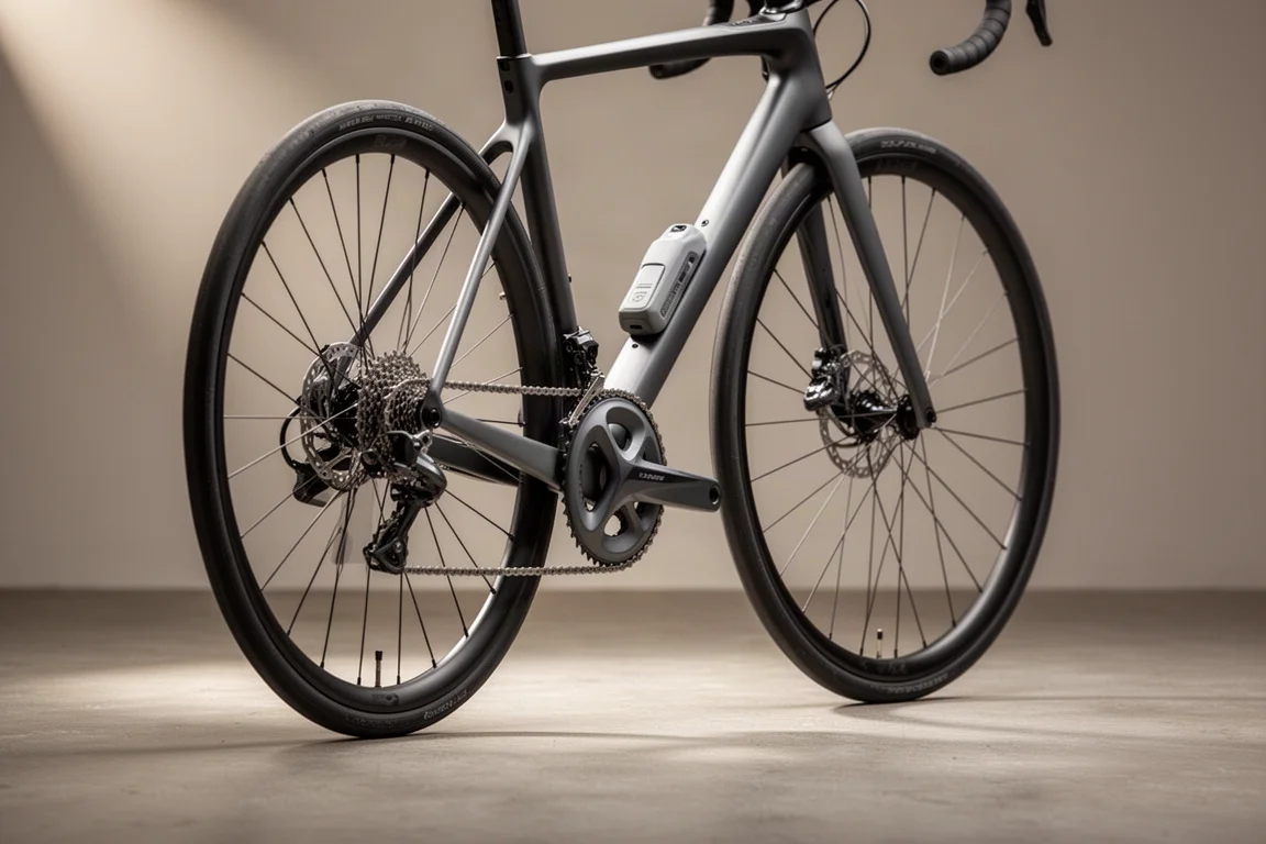 マットグレーの電動ドライブトレインを搭載したロードバイクをコンクリート面で撮影