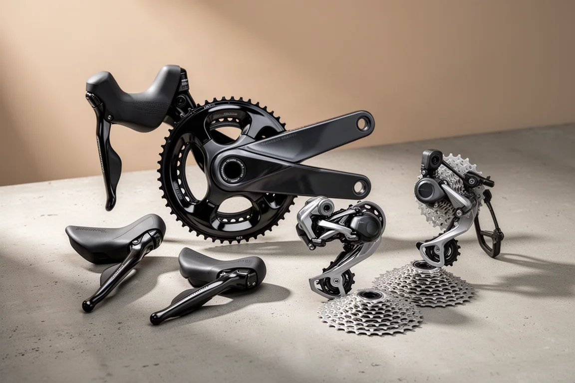 Wireless road bike groupset with glossy black chainrings and hydraulic disc levers on concrete