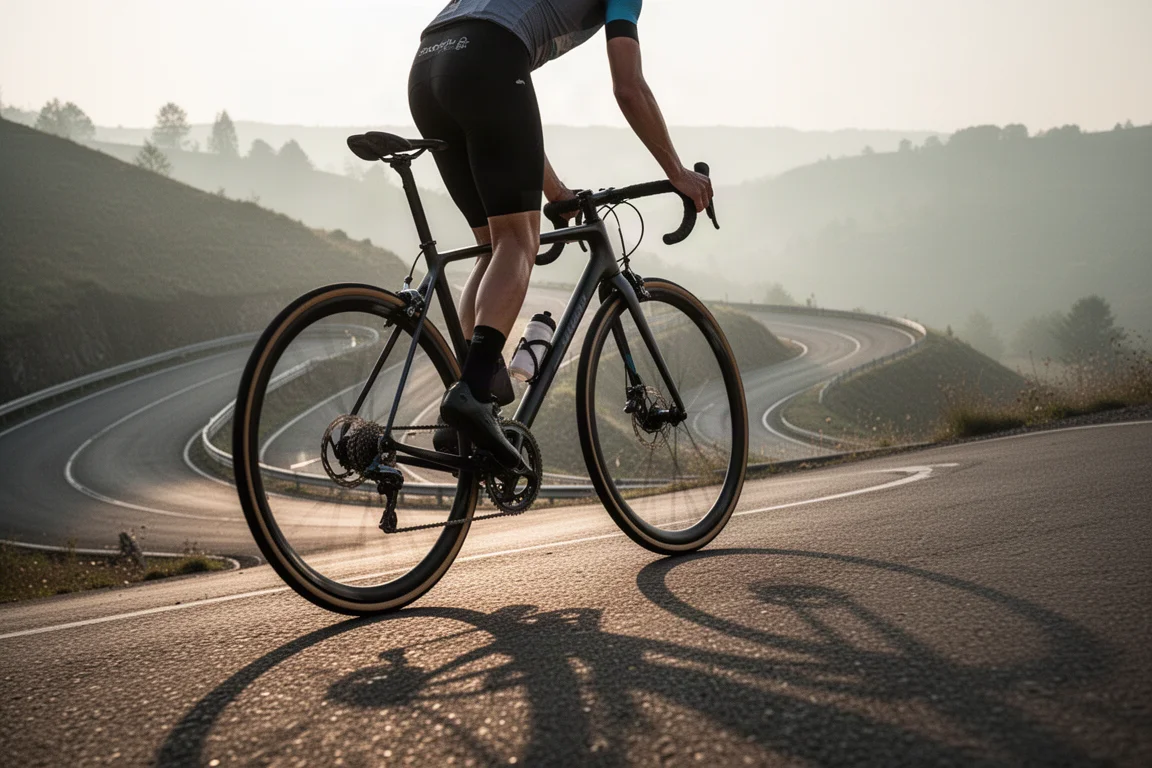 Rennradfahrer bei der Auffahrt auf eine kurvige Asphaltsteigung in weichem Morgenlicht