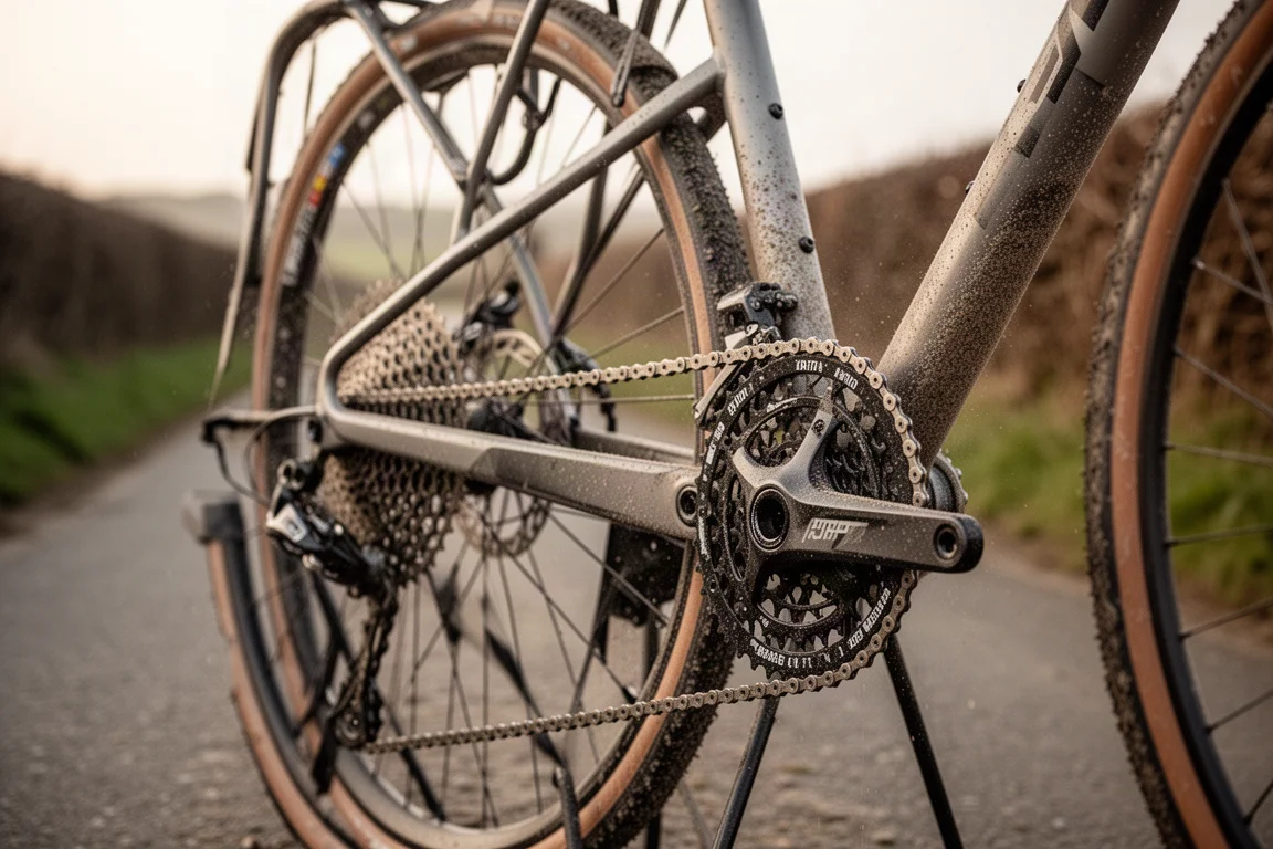 Detail des Gravelbike-Antriebs mit Kassette und Kette auf einer ruhigen Landstraße