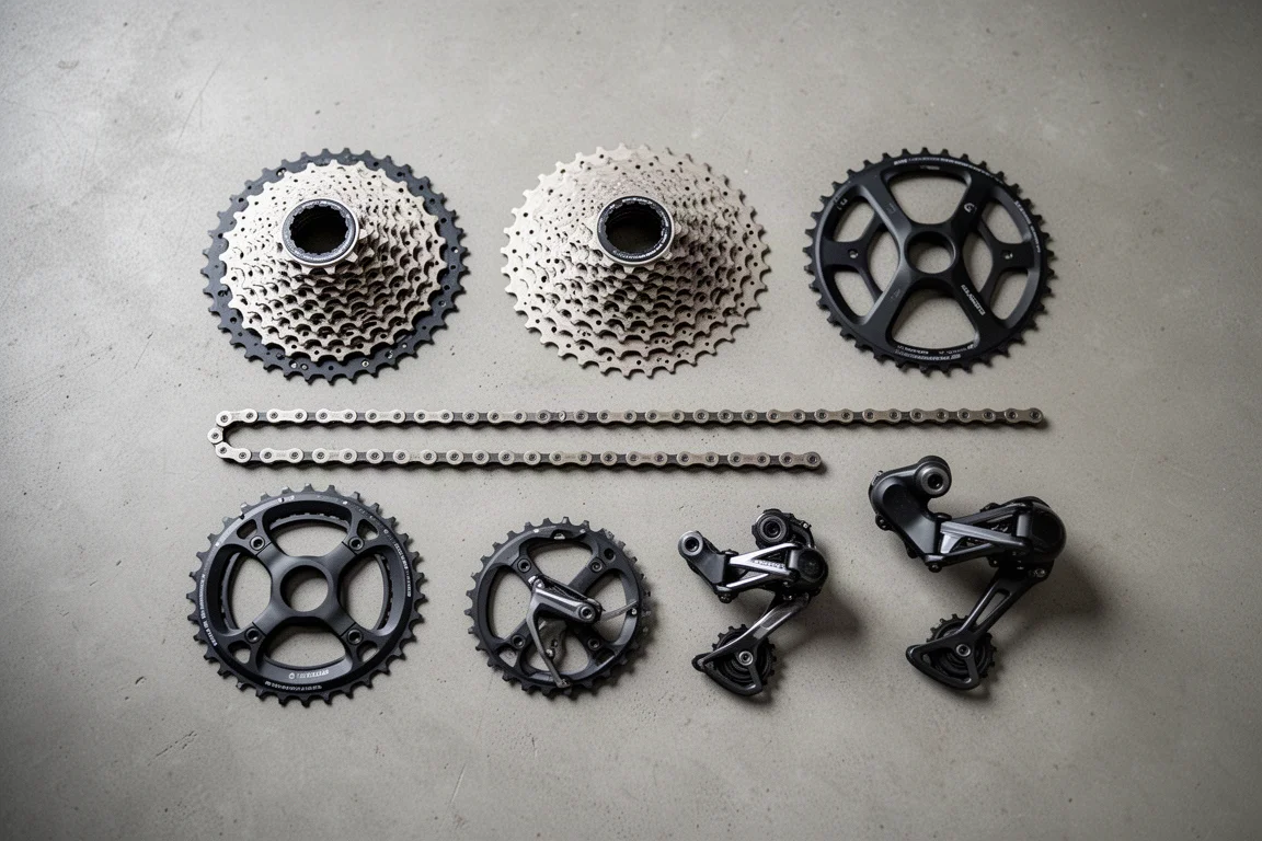 Disassembled drivetrain components arranged on a workshop bench beside a digital scale