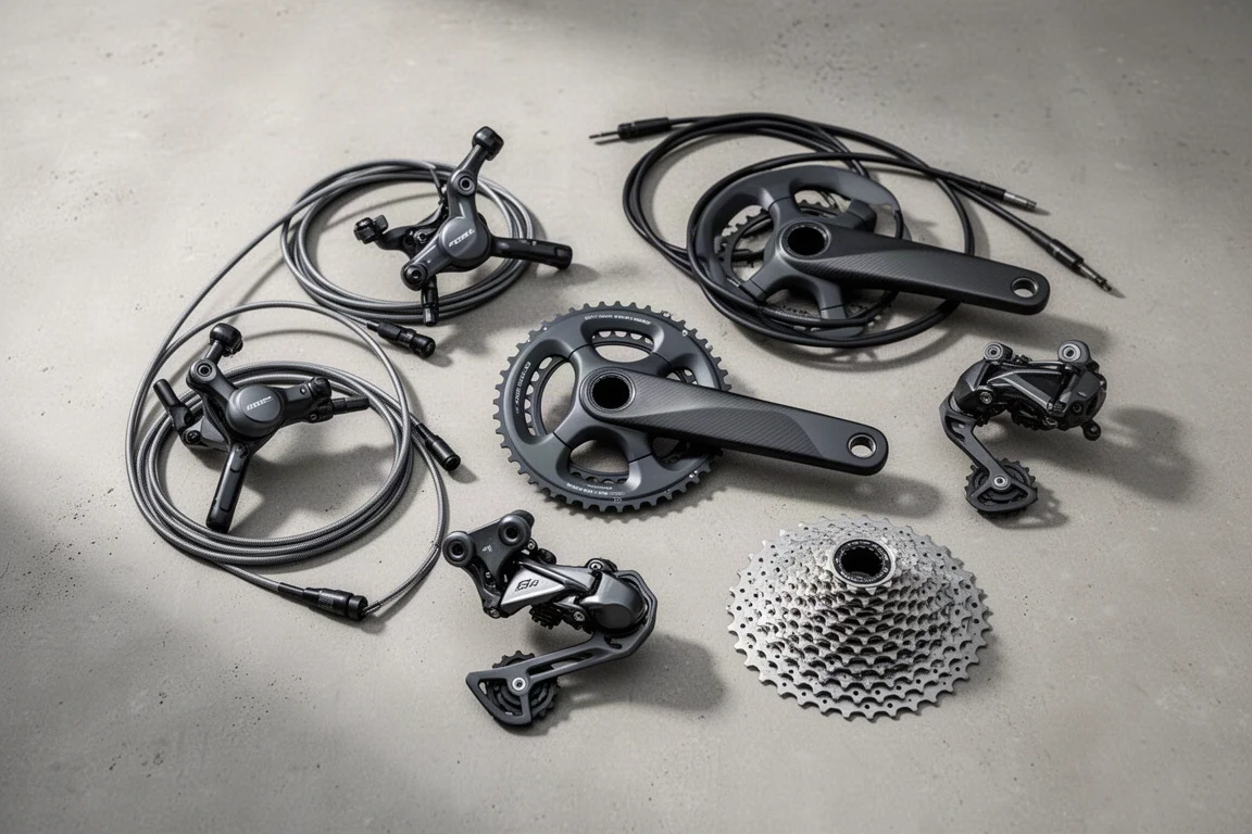 Twee elektronische racefietsgroepsets gerangschikt in een raster op een betonnen ondergrond