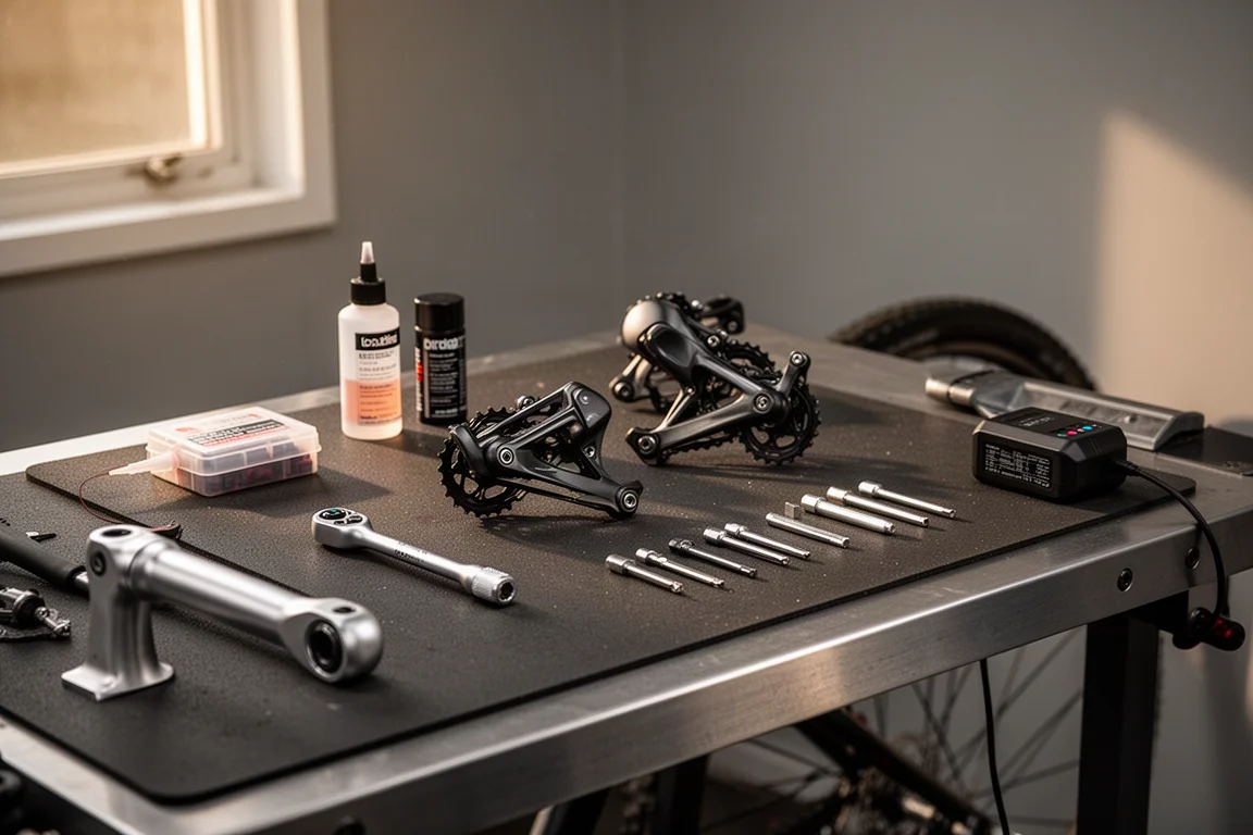 Bicycle workshop bench with groupset components, bleed kit and tools laid out on a rubber mat