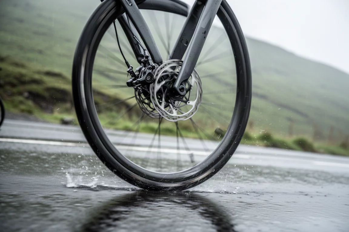 Close-up of a road bike disc brake caliper and front wheel on a wet descending road