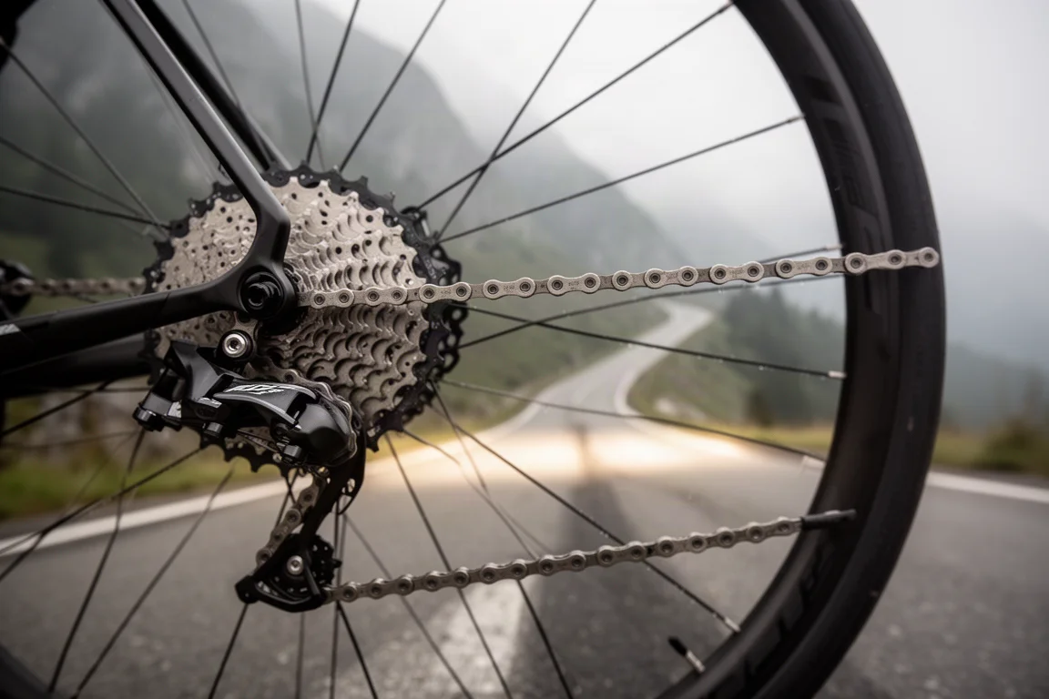 Rear cassette and chain of a road bike in close focus with a mountain pass behind