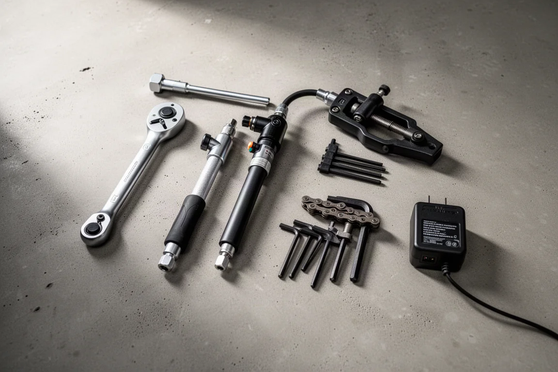 Overhead flat-lay of cycling maintenance tools and a battery charging block on concrete