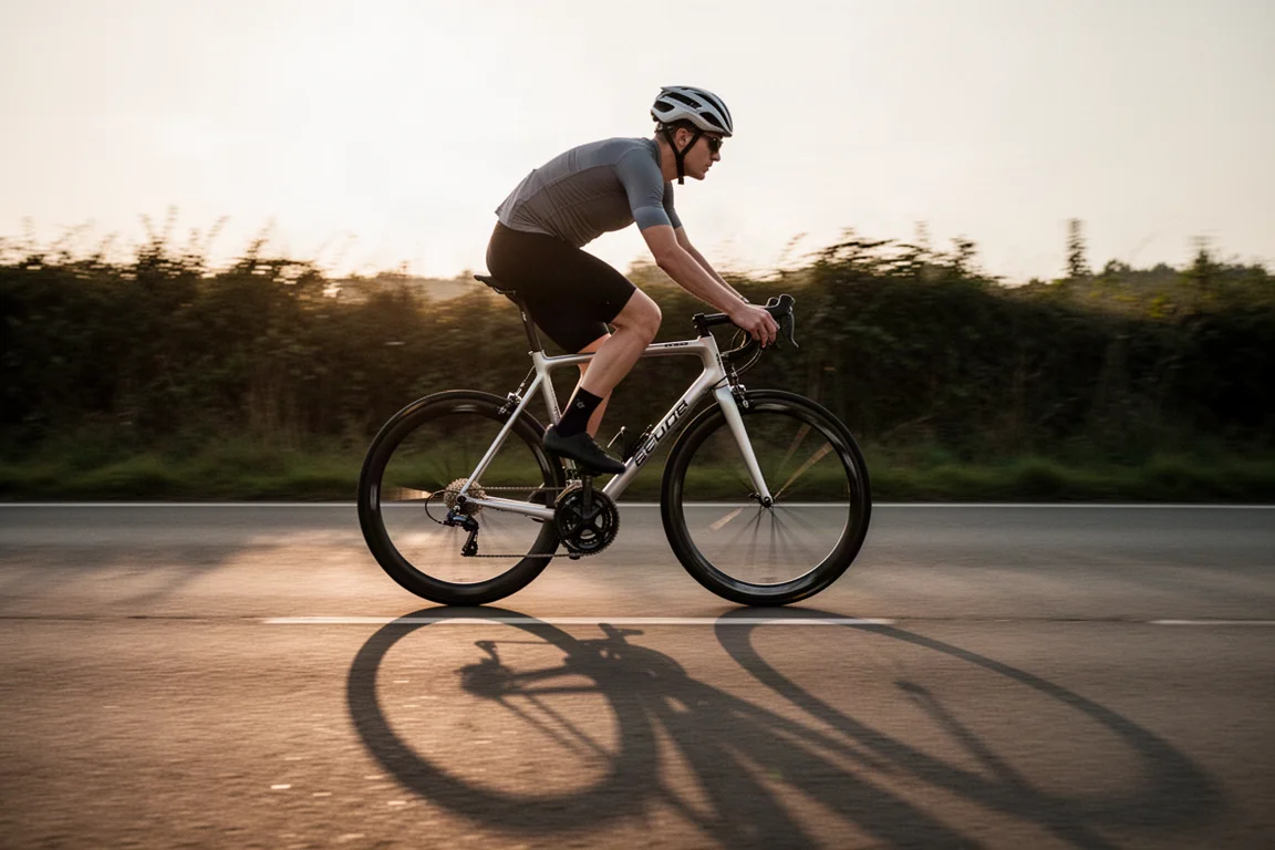 Rennradfahrer auf einem Drop-Bar-Rad auf offenem Asphalt in warmem Abendlicht