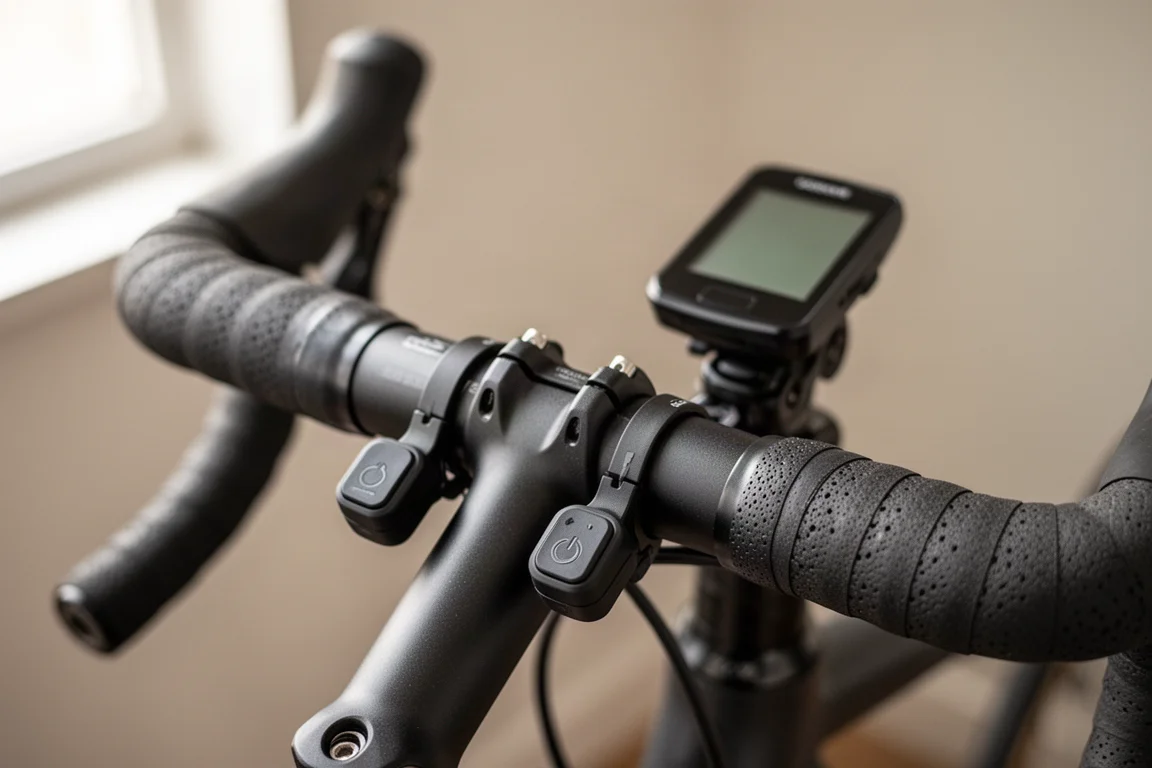 Kabellose Schalttasten unter den Oberlenker-Partien eines Rennlenkers montiert