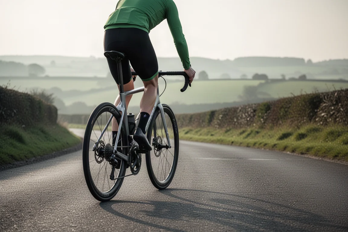 Road cyclist riding on the hoods of a road bike on an open country road
