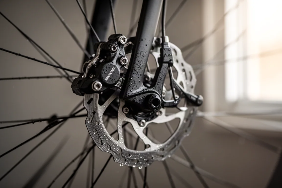 Close-up of a hydraulic disc brake caliper gripping a rotor on a road bike wheel