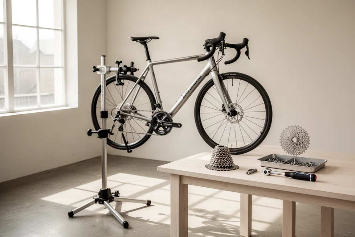 Road bike mounted on a repair stand in a bright workshop with tools on a bench