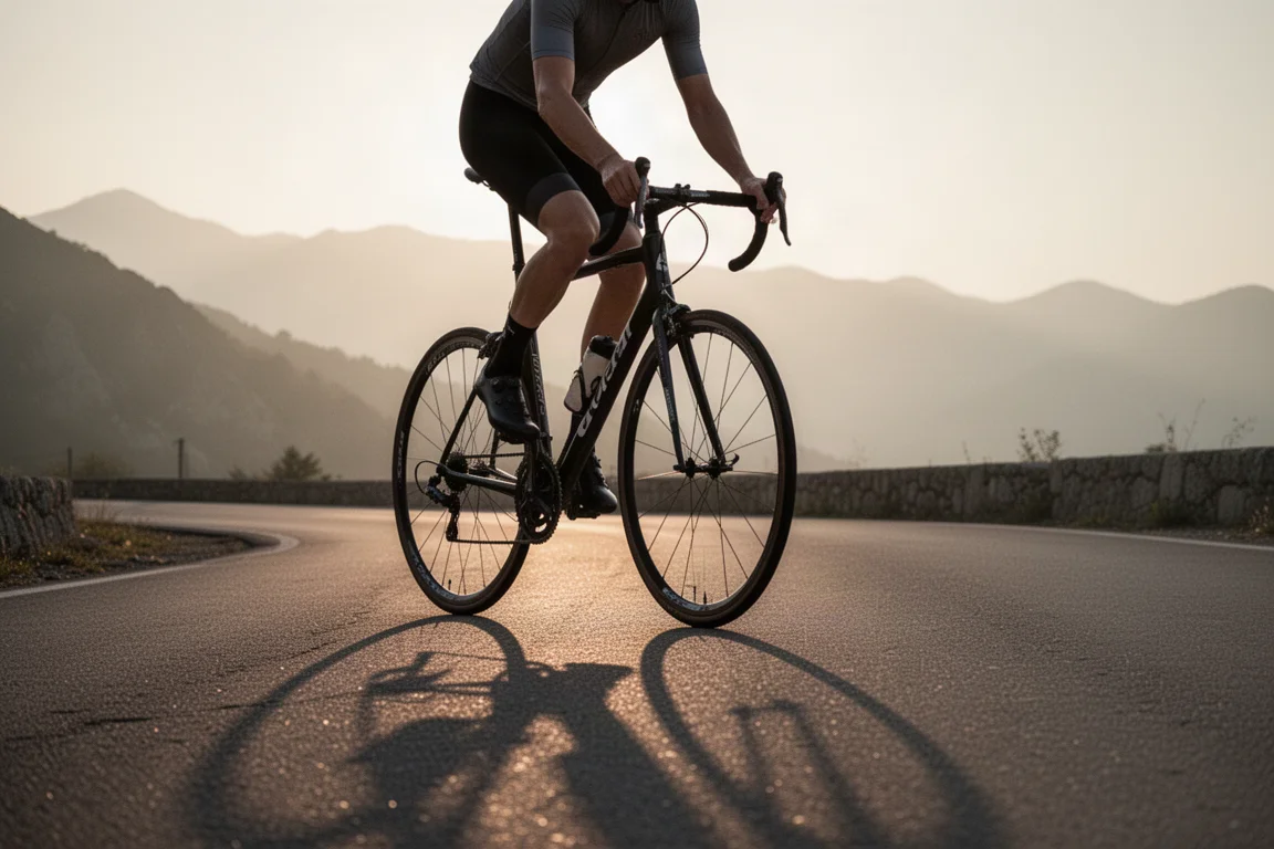 Road cyclist climbing a quiet ascent at sunrise in soft golden light