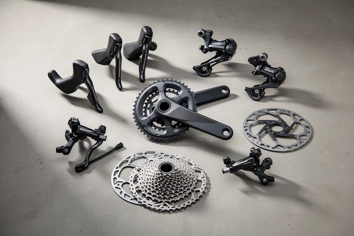 Road bike groupset components laid out on a concrete surface, including crankset, levers, derailleurs, and rotors