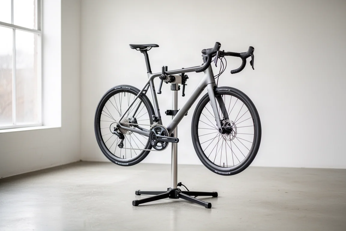 Bicicleta de carretera moderna en un soporte de reparación en un taller luminoso y minimalista