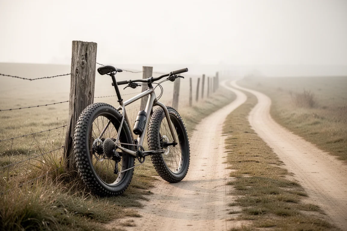 Bicicleta de gravel apoyada en una valla junto a una pista de tierra clara