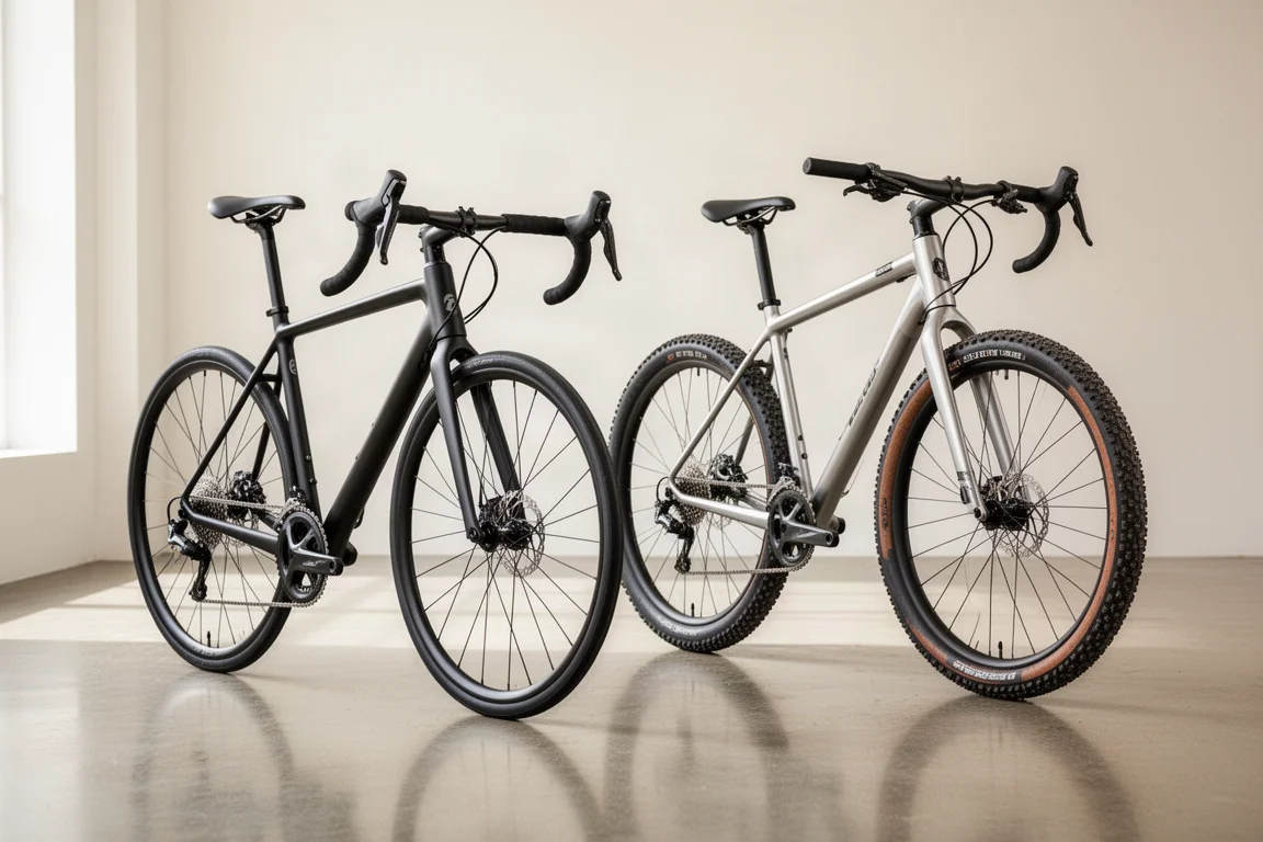 Bicicleta de carretera y bicicleta de gravel expuestas una al lado de la otra en un showroom luminoso