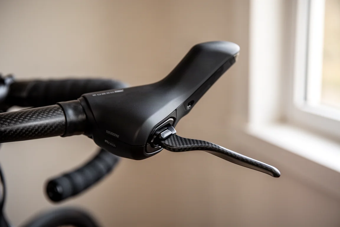 Close-up of a modern road bike shifter with long hood and carbon lever blade