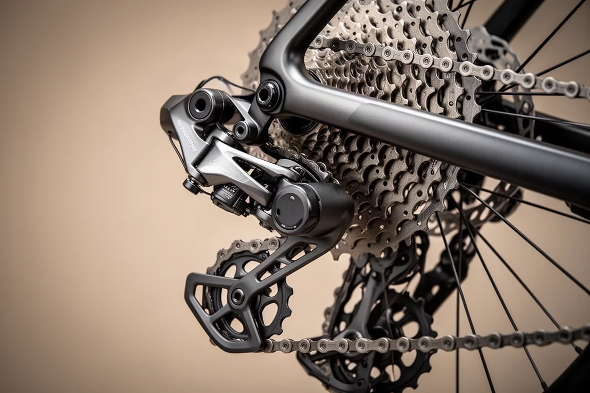 Rear derailleur and cassette of a modern gravel drivetrain in soft light