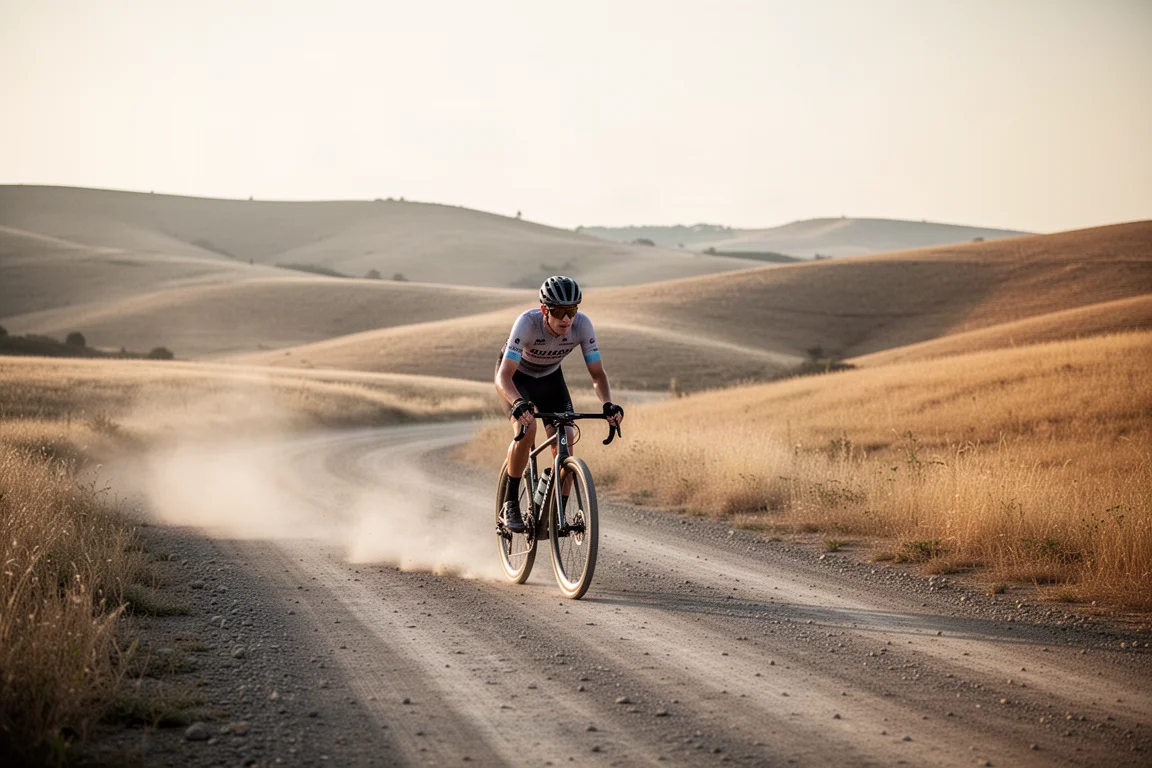 Gravel cyclist riding a dirt road with wide rocky landscape
