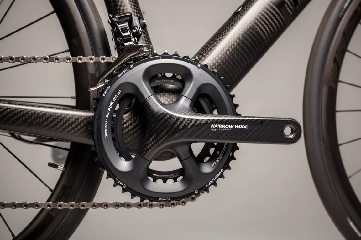Close-up of a one-piece crankset and chainrings on a premium road bike
