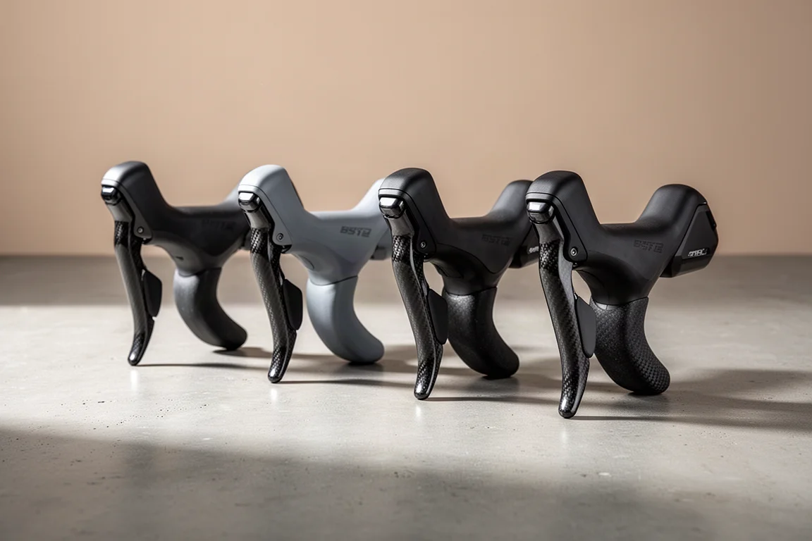 Four modern road bike shifters with long hoods lined up on a concrete surface