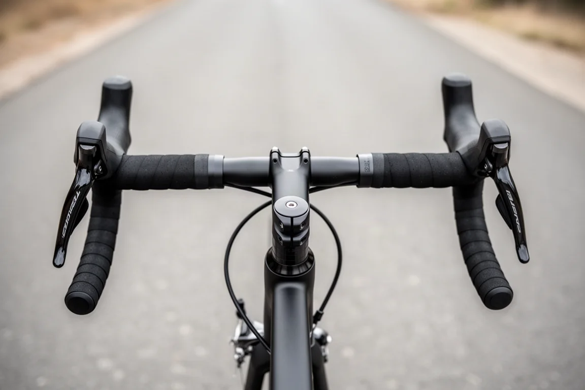 Hoods do guidão de bike de estrada vistos do ponto de vista do ciclista acima do guidão