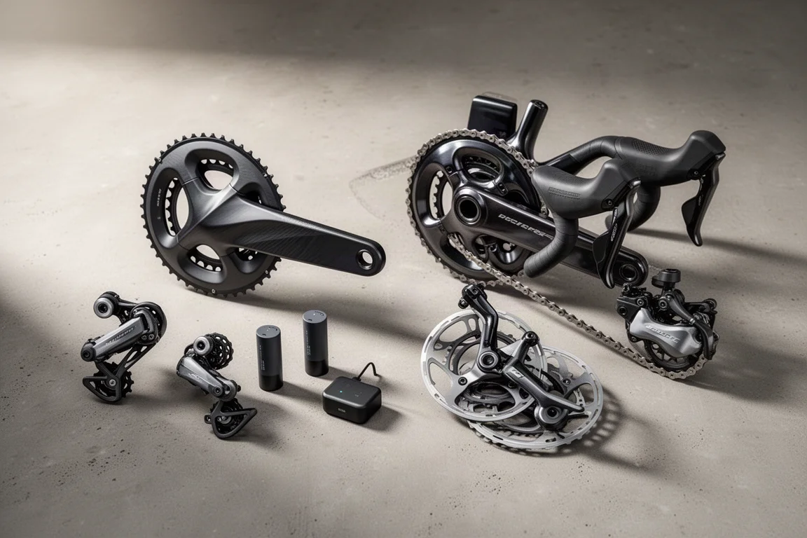 Two electronic road bike groupsets with cranksets, derailleurs and batteries on concrete