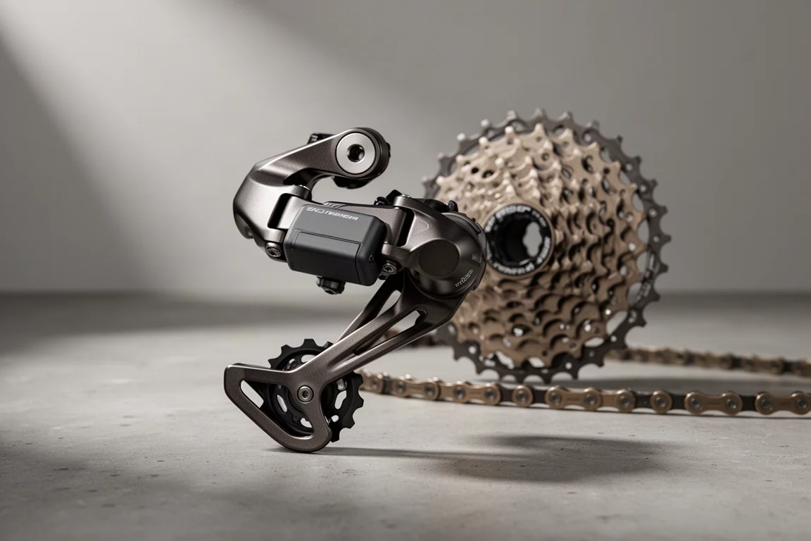 コンクリートの上に置かれた、ワイドレンジカセットを備えたワイヤレス仕様のマウンテンバイク用リアディレイラー