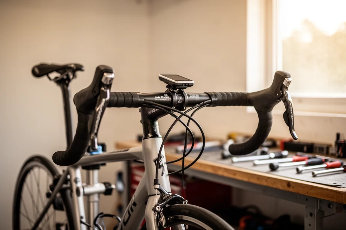 Close-up of a road bike handlebar with a hydraulic brake lever and textured hood